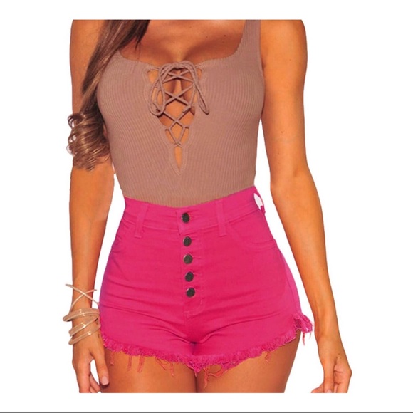 Pants - High Waist Microstretch Cotton Denim Shorts